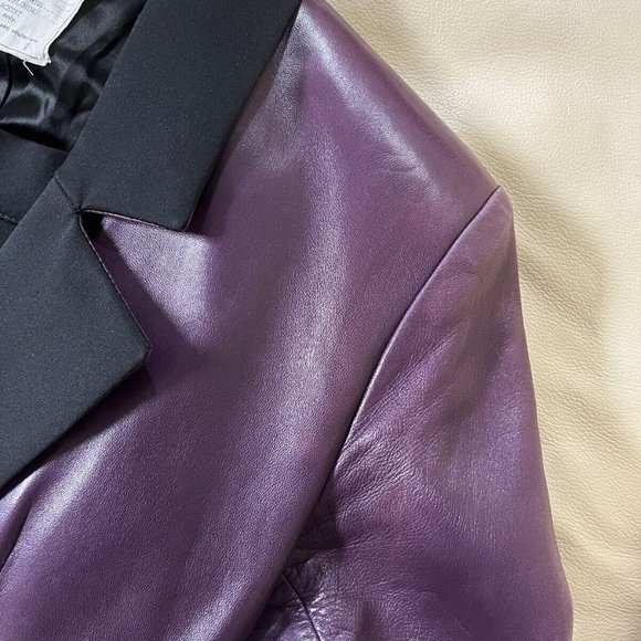 YVES SAINT LAURENT 1990s Plum Leather and Satin Blazer Jacket and Skirt Set S - Picture 3 of 7